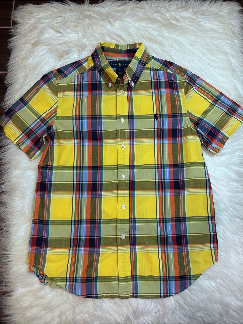 Ralph Lauren Teen Boys Yellow Plaid Shirt Size L 14-16 Pony Logo Preppy SS